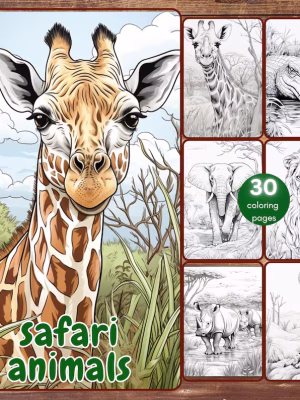30 Safari Animals Coloring Book, Grayscale Printable