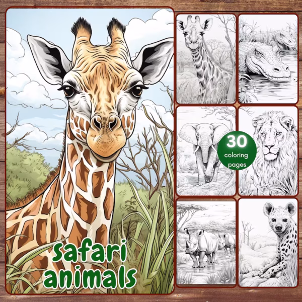 30 Safari Animals Coloring Book, Grayscale Printable